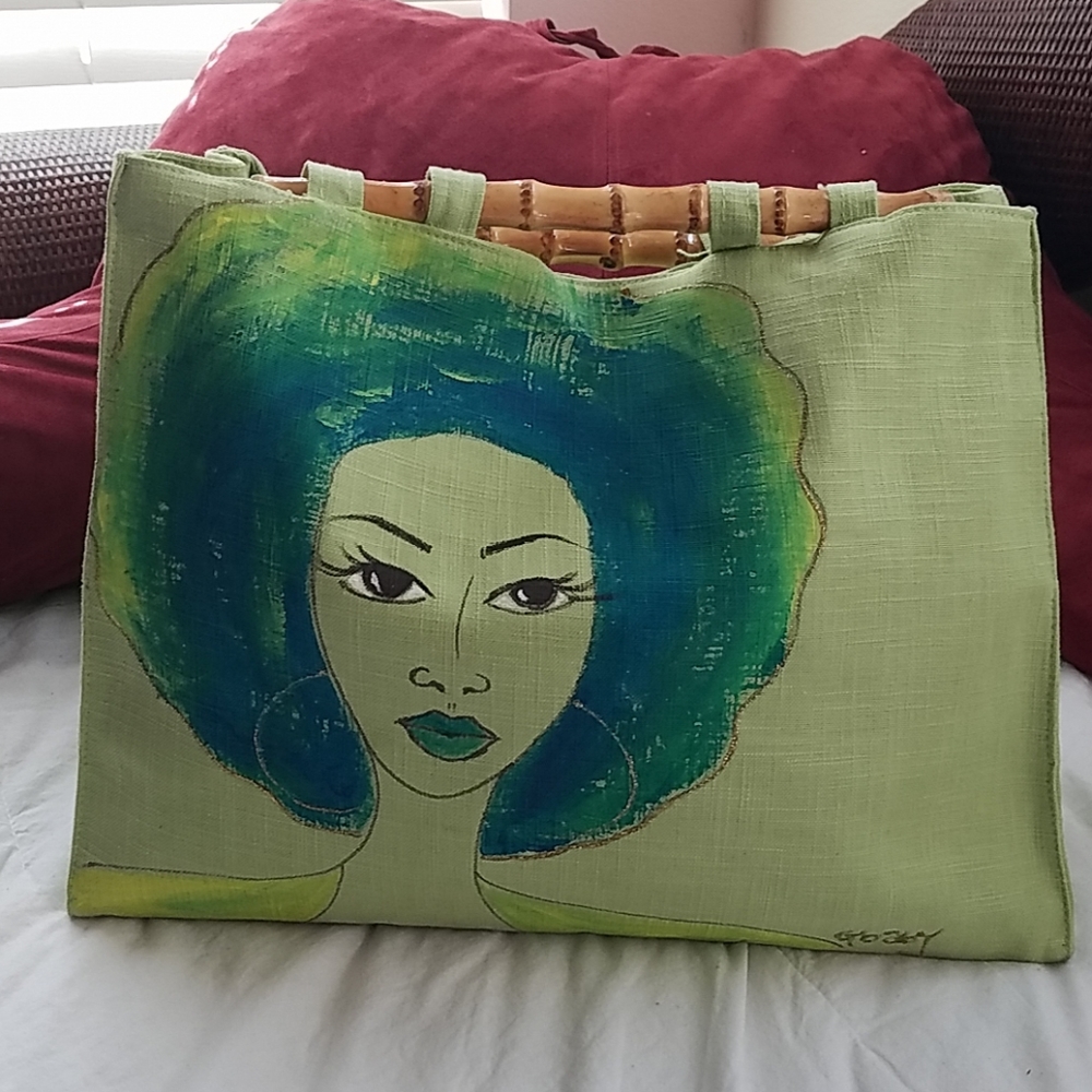 Lime Green Afro Lady Tote Bag w/Bamboo Handles